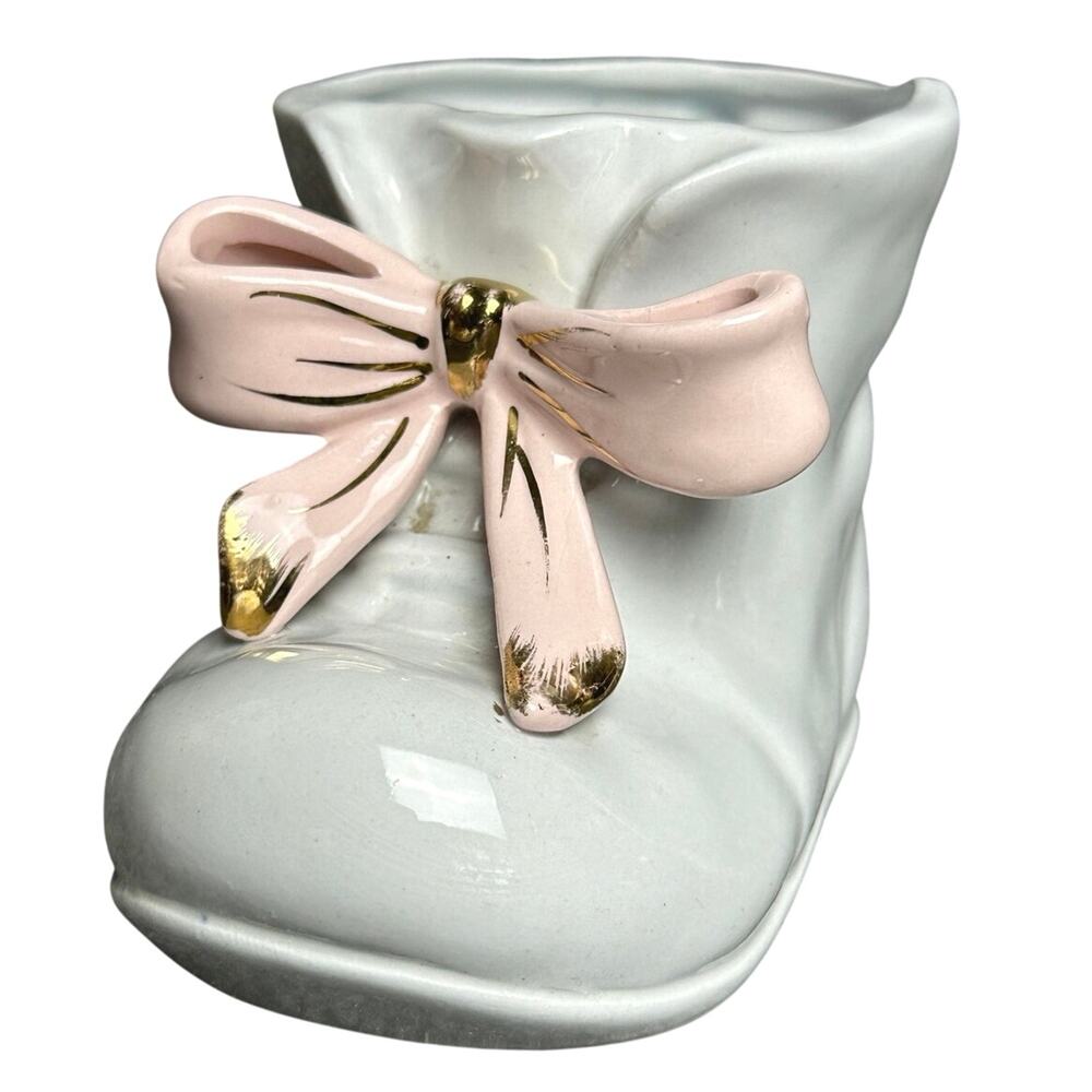 Vintage MCM baby shower decor gilt ceramic planter pastel blue pink bow 6x3.75
